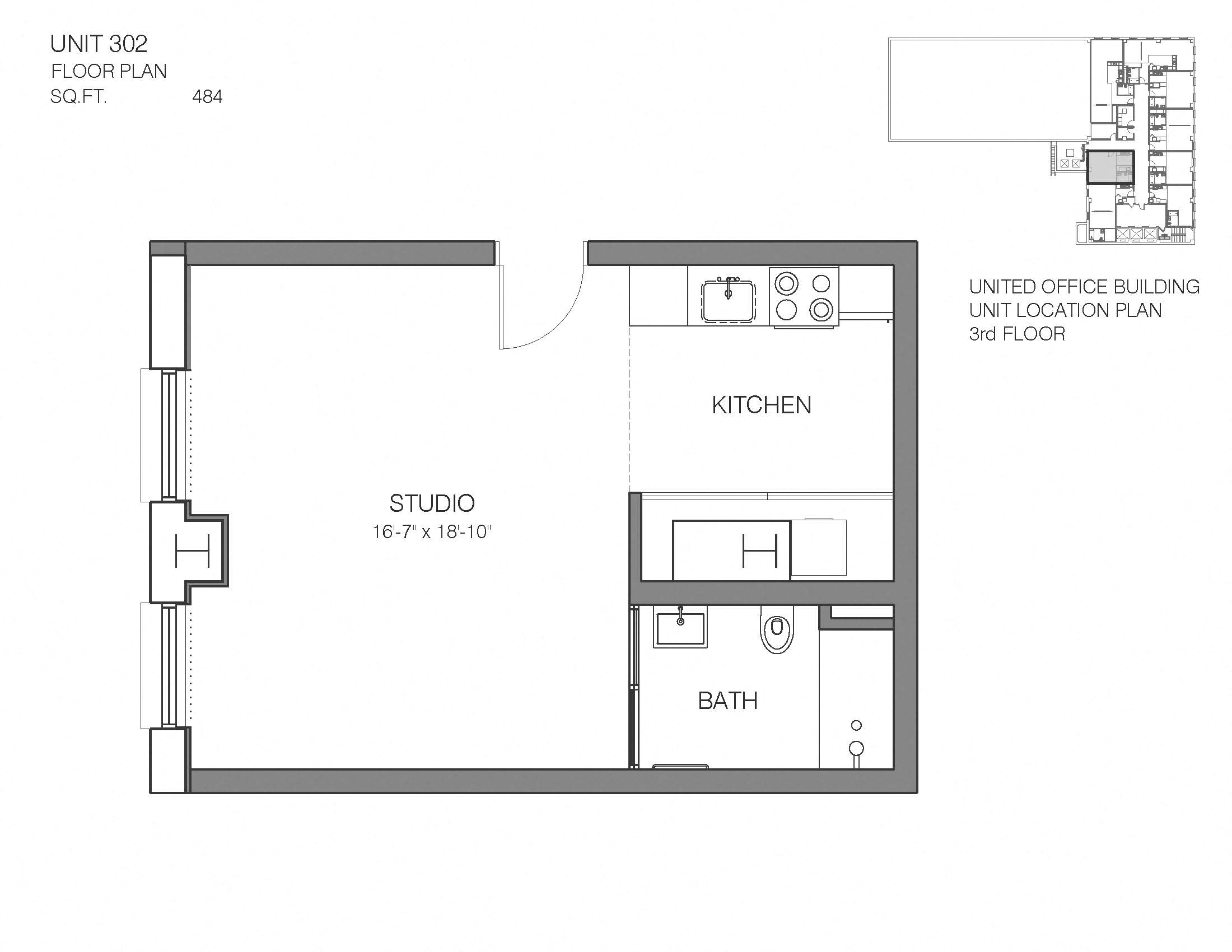 Floor plan for studio, 1 bath, 484 sqft